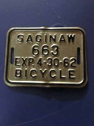 Saginaw Michigan Vintage Bicycle 663 License Plate Tag 4 - 30 - 62