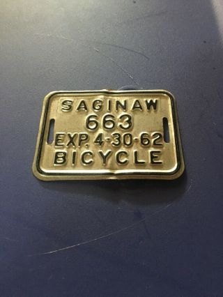 Saginaw MIchigan Vintage Bicycle 663 License Plate Tag 4 - 30 - 62 2