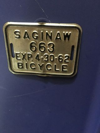 Saginaw MIchigan Vintage Bicycle 663 License Plate Tag 4 - 30 - 62 5