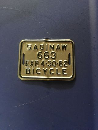 Saginaw MIchigan Vintage Bicycle 663 License Plate Tag 4 - 30 - 62 6