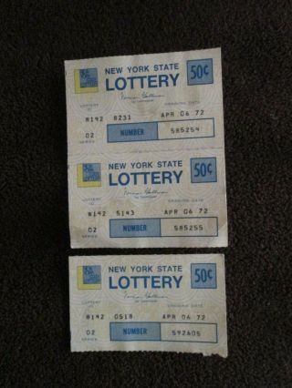 3 York State Lottery Tickets Vintage April 6,  1972 Rare Collectible