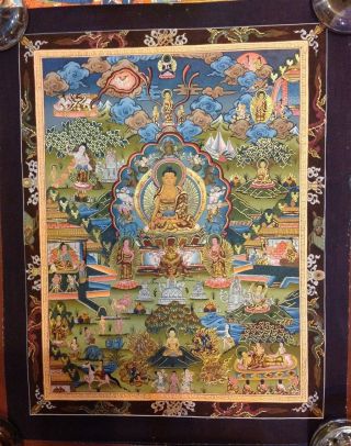 Handpainted Tibetan " Life Of Buddha " Thangka Painting /w 24k Gold Paint
