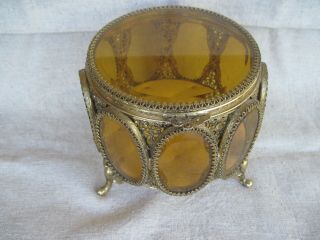 Vintage Amber Beveled Glass Footed Gold Filigree Vanity Jewelry Casket Ormolu