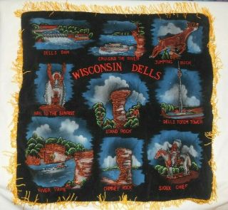 Vintage Wisconsin Dells Souvenir Fringed Pillow Cover Black Velvet Rayon 16.  5 " Sq