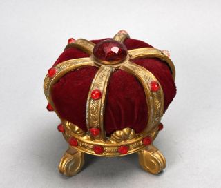 Vintage Jeweled Regal Crown W/ Velvet Pin Cushion Hatpin Stickpin Holder