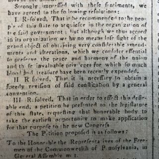 1788 newspaper PENNSYLVANIA CONGRESS CALLS FOR BILL OF RIGHTS to Constitution 6