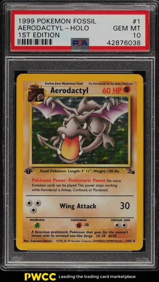 1999 Pokemon Fossil 1st Edition Holo Aerodactyl 1 Psa 10 Gem (pwcc)
