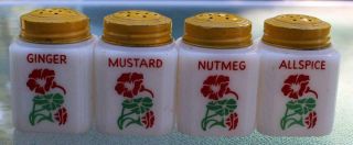 Tipp Milk Glass Red Poppy Shakers Yellow Lids Nutmeg Allspice Mustard Ginger