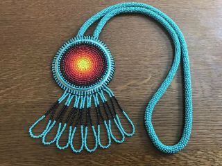 Large Native American Beaded Necklace Blue Sunburst Regalia On Doeskin