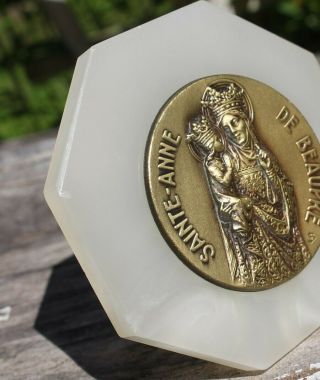 Vtg Octogon Brass & Marble St Anne De Beaupre Plaque France Souvenir
