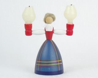 Vintage Wood Swedish Girl Candle Holder Vastergotland Folk Costume Sweden