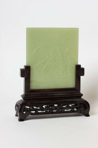 Chinese Carved Jade Table Screen Of Irises And Calligraphy,  China