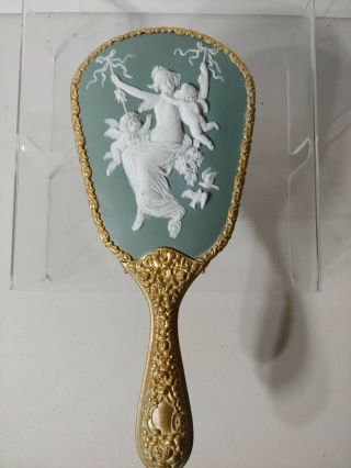 Antique Circa 1900 Wedgwood Embossed Porcelain Vanity Hand Mirror Cherubs Doves
