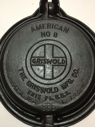 Griswold American No.  8 Cast Iron Low Base Waffle Iron,  Slant Logo 885,  886,  975 2