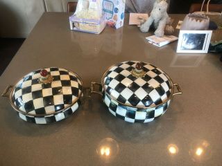2 Mackenzie Childs Courtly Check Enamel Metal Covered Casserole Dishes.  Lrg&med.
