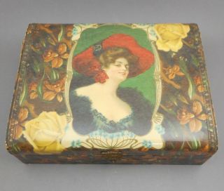 Antique Victorian Celluloid Dresser Vanity Jewelry Box Floral Portrait Of Woman