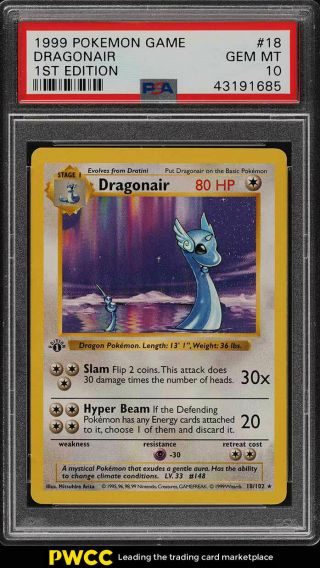 1999 Pokemon Game 1st Edition Dragonair 18 Psa 10 Gem (pwcc)