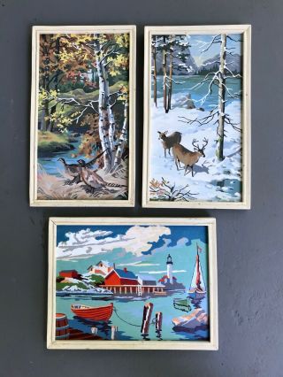 3 Vintage Mcm Paint By Number Wall Art With Frames Forest,  Marine,  Boat Scenes