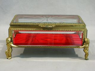 Vintage Gold Ormolu Beveled Glass Jewelry Casket Box - Cherub Feet