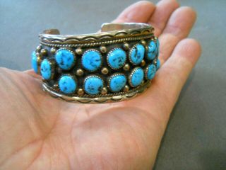 Native American Indian Navajo Turquoise Row Sterling Silver Bracelet Signed Lw
