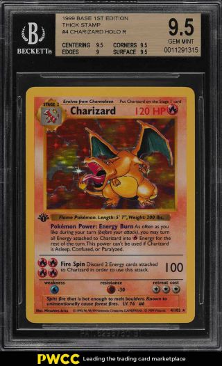 1999 Pokemon Game 1st Edition Holo Charizard Thick Stamp 4 Bgs 9.  5 Gem (pwcc)