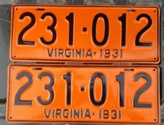 1931 Virginia License Plates,  Pair Tags,  15 1/8 " X 5 1/2 ",  Pro Repaint