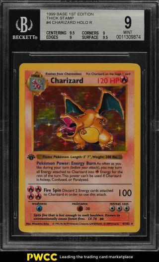 1999 Pokemon Game 1st Edition Holo Charizard Thick Stamp 4 Bgs 9 (pwcc)