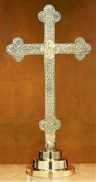Altar Cross - Ihs,  Budded With Filigree Design (23 " H) (brass - Mass - Church)