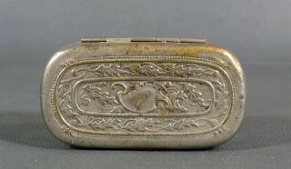 Antique Nickel - Plated Brass Tobacco Snuff Box Engraved Hinged Lid Oak Acorn Leaf