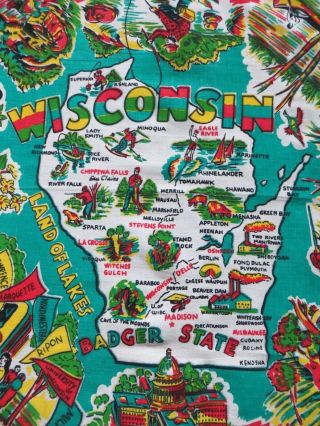 Vintage Tablecloth Wisconsin Map Red Green Yellow Fishing Hunting Universities