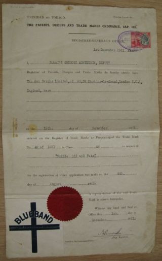 Trinidad And Tobago Patents Document Blueband 1931.