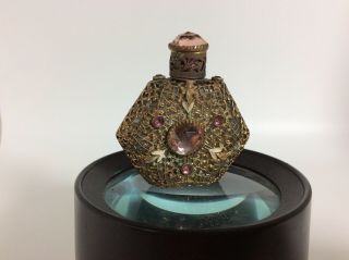 Vintage Czech Miniature Perfume Bottle Signed - Filigree Pink Lavender Stones