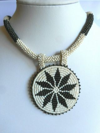 Vintage Indian Beaded Pendant & Necklace Star Blk & Wht Native American Az Nm