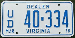 1978 Virginia Dealer License Plate 40 - 334 -,