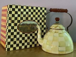 Mackenzie - Childs Parchment Check Enamel 3 Quart Tea Kettle,  Box Retail $150
