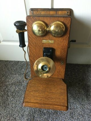 Antique Western Electric Oak Wood Wall Telephone Brass Bells Rings