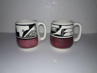 Ute Mountain Mug Set Signed Western Aztec Pottery Hand Painted.  Signed