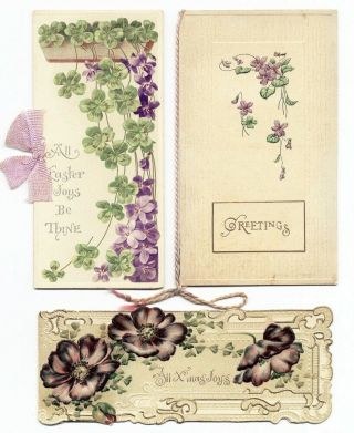 3 Open Up Greeting Cards Birthday Easter Christmas C 1910 Violets Purple Flowers