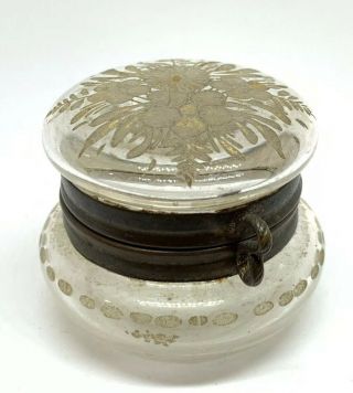 Vtg Etched Floral Glass Brass Pill Bottle Jar Art Deco