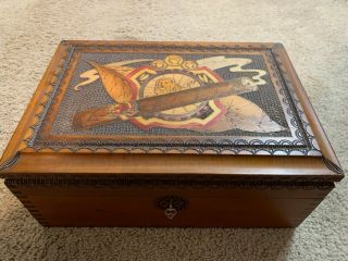 Vintage Antique Wooden Hand Crafted Tobacco Humidor Wood Box With Lock