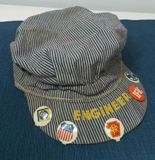 Vintage Railroad Cap Train Engineer Hat And Old Rare Press Back Pins Rr Buttons