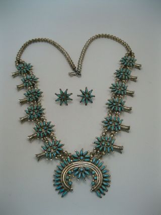 Ed Niiha Zuni Silver & Needlepoint Turquoise Squash Blossom Necklace,  Earrings