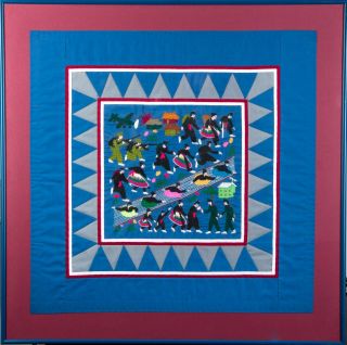 Hmong Embroidered Story Quilt Square,  Depicting Fleeing And Soldiers