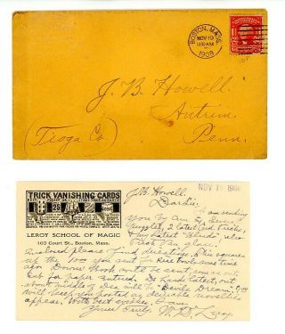 Leroy School Of Magic,  Boston,  1908,  Postcard And Envelope