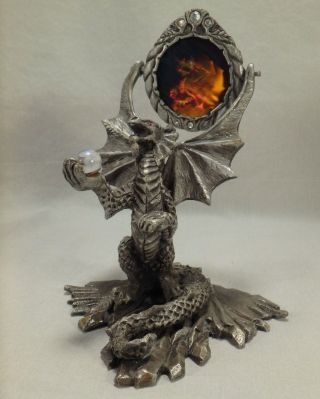 1994 Sunglo Pewter Winged Dragon Serpent Holding Crystal Ball Hologram Mirror
