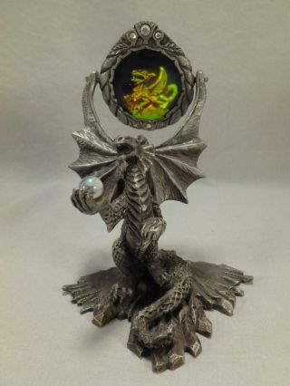 1994 Sunglo Pewter Winged Dragon Serpent Holding Crystal Ball Hologram Mirror 4