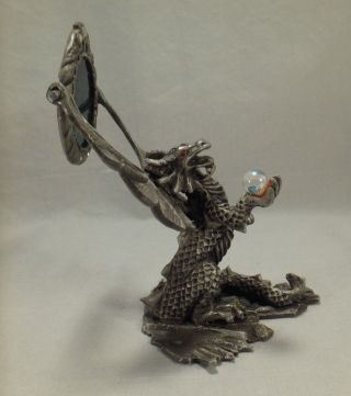 1994 Sunglo Pewter Winged Dragon Serpent Holding Crystal Ball Hologram Mirror 5