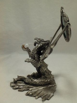 1994 Sunglo Pewter Winged Dragon Serpent Holding Crystal Ball Hologram Mirror 7