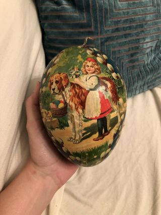 Large 7” Antique Early German? Easter Egg Candy Container St Bernard Dog Girl