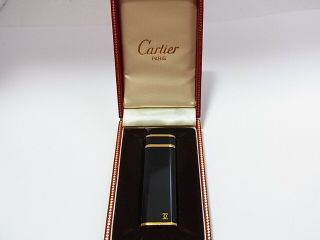 Cartier Paris Gas Lighter Oval Black Lacquer Plaque Or Gold Plated